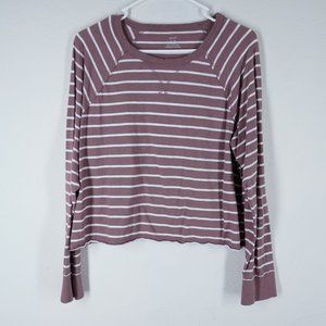 AERIE Womens Size Medium Striped Long Sleeve Tee Mauve White Boxy Soft Oversize